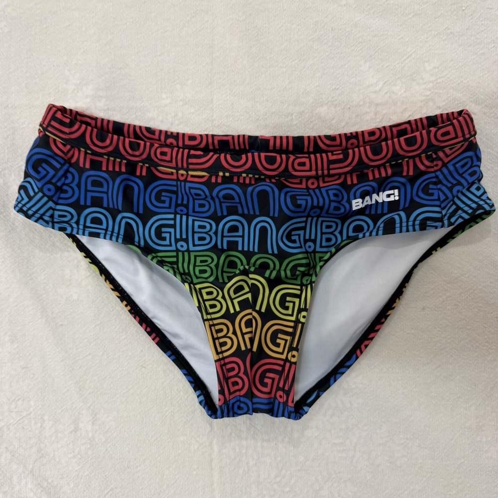 BANG! Clothes Logo Men's Swim Brief Size S Rainbow Multicolor All Over Print